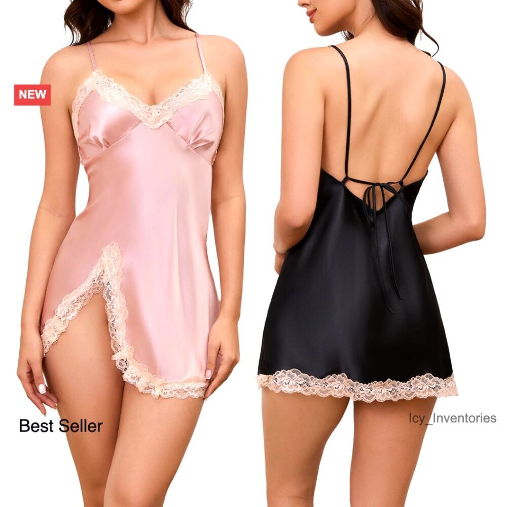 Satin Lace Nightgown Slip Dress Elegant Silky Sleepwear 2-Pack